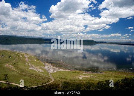 Lake Nakuru riflettendo le nuvole in acqua con i fenicotteri e bufali lungo il litorale Foto Stock