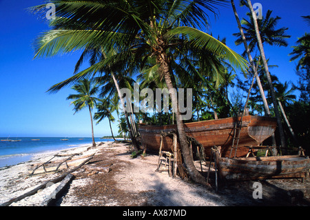 Bau eines trad. Bootes sambuco, am Strand von Nungwi, Nordkueste Sansibar, Tanzania Foto Stock