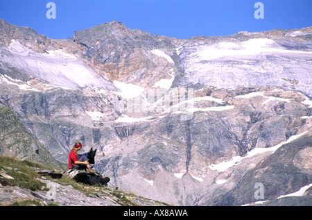 Donna e cane avente un resto, escursionismo su Tauerngold Sentiero escursionistico, Rauris, Hohe Tauern, Salzburger Land, Austria Foto Stock