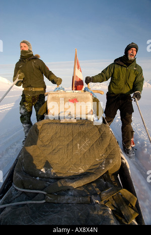 Sled Dog team 5 Jens Jepsen 30 e Soren Christiansen gli uomini ski a fianco della slitta trainata da cani mai seduto su di esso danese Forc speciale Foto Stock