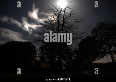 Luna (all'equinozio di primavera) fa capolino da dietro le nuvole bello. Il movimento è il movimento delle nuvole sopra l'esposizione prolungata Foto Stock