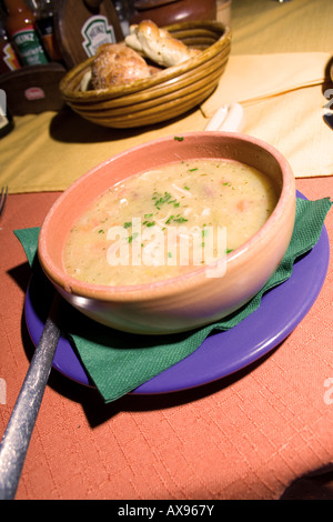 Una ciotola di zuppa cremosa guarnita con prezzemolo servito su un piatto viola con un tovagliolo verde, accompagnato da un cestino di panini freschi nello sfondo Foto Stock