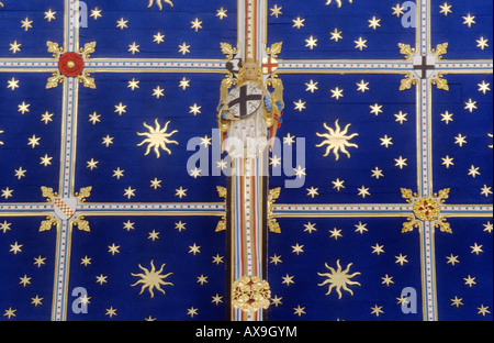 Cattedrale di Carlisle Cumbria verniciato blu soffitto a volta stelle angelo stemmi araldici araldica medievale architettura inglese Foto Stock