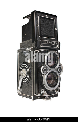 Una Rolleiflex planare 3.5E TLR Fotocamera di visualizzazione con il cofano aperto e alla lente di ingrandimento sollevato Foto Stock