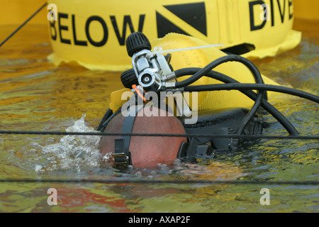 Subacqueo con testa in acqua da Okauchee Vigili del Fuoco di unità di immersione facendo un sistema di grid ricerca tecnica Foto Stock