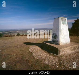 Punto trig sulla sommità della collina di patibolo comune Hindhead Surrey England Regno Unito. Foto Stock