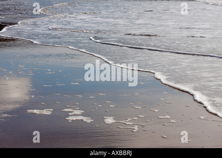 Onda sulla spiaggia. Sabbia bagnata, sky riflessione, schiuma schiuma acqua, Orizzontale shot. Foto Stock