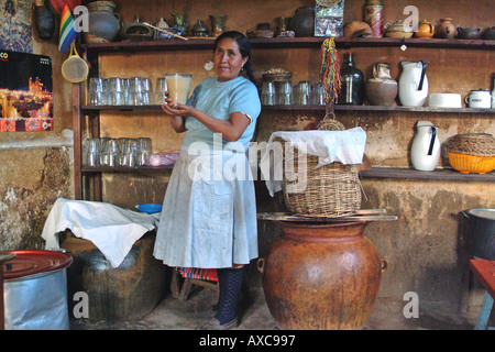 Signora vendita di birra di mais nel sacro Vally degli Incas Foto Stock