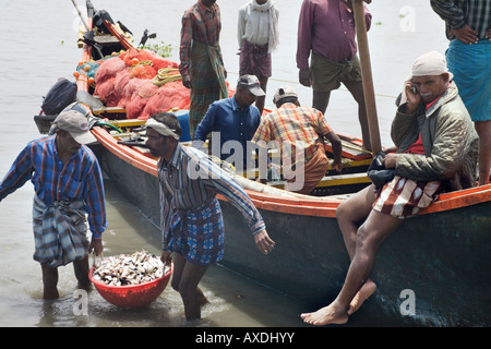 I pescatori Keralite in canoa locale vallom off cattura di caricamento dopo il viaggio di pesca Fort Kochi Beach Kerala India del Sud Foto Stock