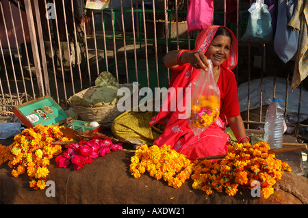 Donna che vendono fiori a Jaipur Foto Stock