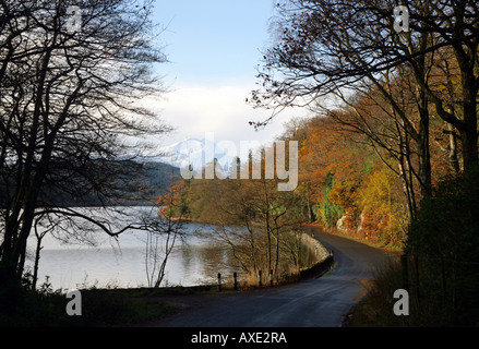 Autunno scena di tranquillità sul Loch Ard NEL PARCO NAZIONALE QUEEN ELIZABETH con coperta di neve di Ben Lomond nel TROSSACHS Foto Stock