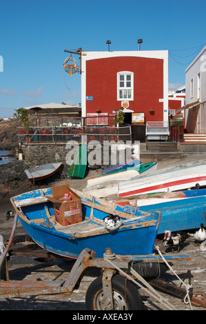 Anatre intorno piccole barche da pesca in Puerto del Carmen a Lanzarote nelle isole Canarie. Foto Stock