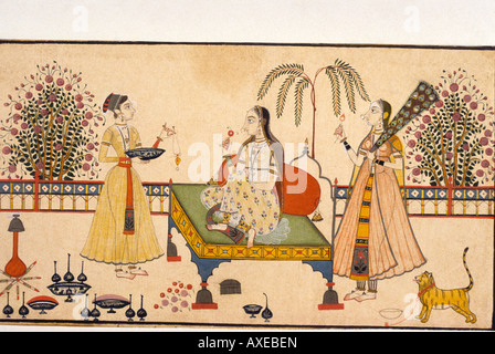 Ragazza sulla terrazza c 1755 kanoria. Di Mewar indiano dipinto in miniatura, Rajasthan in India Foto Stock
