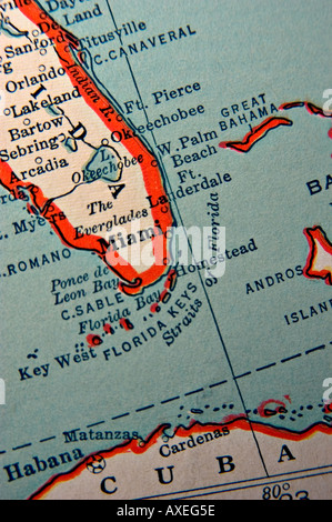 Miami e Florida Keys su un antico mappa Foto Stock