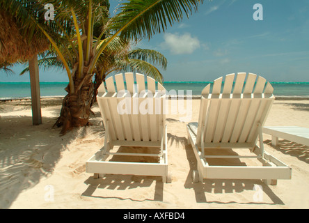 Due sdraio in legno sedie a sdraio su un tropicale punteggiato di Palm Beach Foto Stock