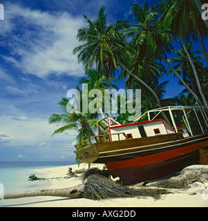 Marrone e bianco di poppa in legno barca da pesca tirato verso l'alto sulle sabbie sotto le palme su un Kuda Bandos isola delle Maldive Foto Stock