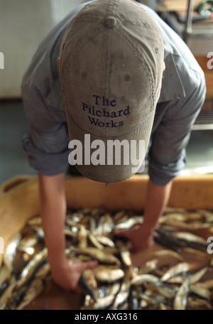 Operaio di fabbrica le sardine di ammollo in acqua salata - Le opere di sardelle Newlyn Penzance Cornwall Regno Unito Foto Stock