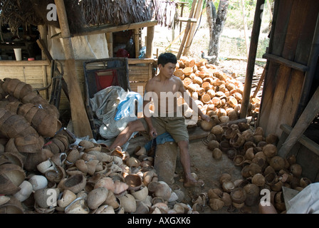 Visita turistica alla piccola noce di cocco produzione di copra Minahasa Highlands Sulawesi Utara Nord Sulawesi Indonesia Foto Stock