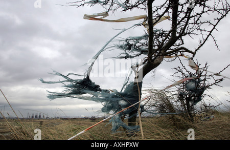 Plastica soffiata da un terreno sito di riempimento nella guarnizione Sands vicino a Middlesbrough Cleveland, Regno Unito Foto Stock