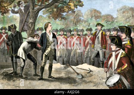 Esecuzione del patriota Nathan Hale dal britannico 1776. Colorate a mano la xilografia Foto Stock