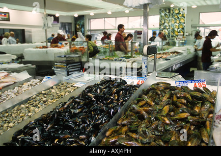 AUSTRALIA Sydney Cozze e crostacei esposti per la vendita su ghiaccio Sydney Fish prezzo di mercato segni la gente di vendite Foto Stock