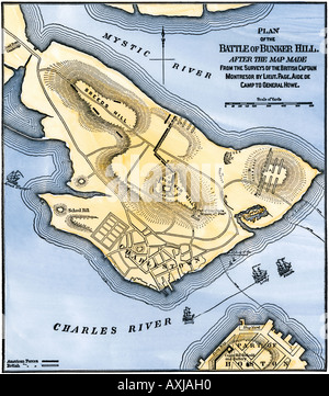 Mappa della Battaglia di Bunker Hill disegnata da una mappa britannico. Colorate a mano la xilografia Foto Stock