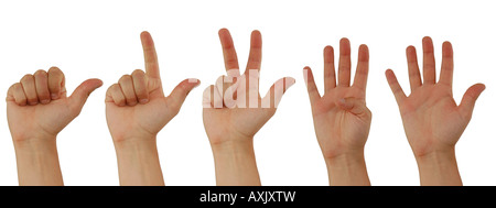 Contando le mani da uno a cinque isolati su sfondo bianco Foto Stock