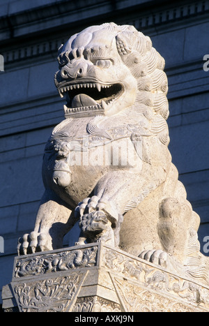 Custode leone in marmo ingresso protezioni a Minneapolis istituto delle arti di Minneapolis, Minnesota. Creato in Cina. Foto Stock