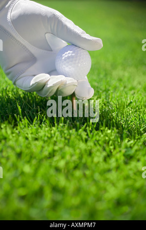 La mano guantata posizionando la pallina da golf e il raccordo a T nel manto erboso Foto Stock