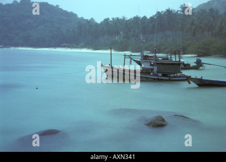 Thai barche da pesca ormeggiate nel porto di nero su una piovosa mattinata su Koh Tao Thailandia Foto Stock