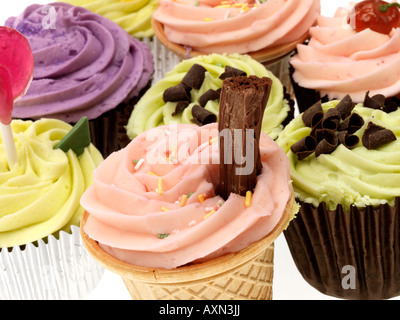 Selezione di un assortimento di novità il dessert ghiacciato e decorate spugna di lusso tortini di fantasia con n. di persone Foto Stock