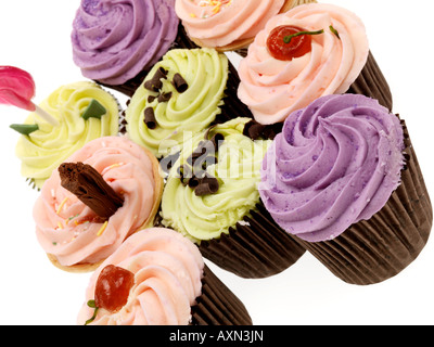 Selezione di un assortimento di novità il dessert ghiacciato e decorate spugna di lusso tortini di fantasia con n. di persone Foto Stock