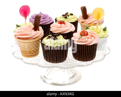 Selezione di un assortimento di novità il dessert ghiacciato e decorate spugna di lusso tortini di fantasia con n. di persone Foto Stock