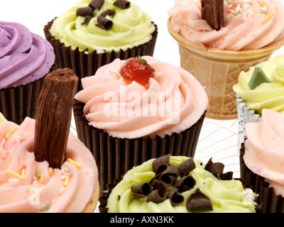 Selezione di un assortimento di novità il dessert ghiacciato e decorate spugna di lusso tortini di fantasia con n. di persone Foto Stock