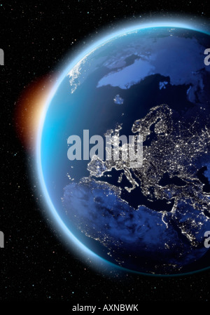Immagine satellitare della terra del pianeta Europa di notte Foto Stock