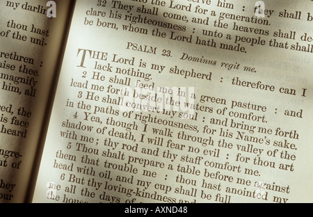 Aprire la pagina della Sacra Bibbia o Salterio o libro di preghiera che mostra il Salmo 23 Foto Stock