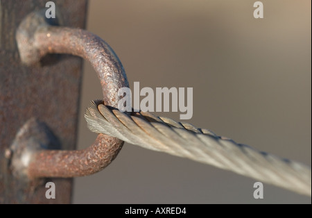 Close-up di un round punto di fissaggio e la fune di acciaio attaccati ad un anello su un montante metallico Foto Stock