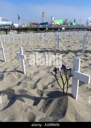 Ogni croce simboleggia il militare ucciso in Iraq o in Afghanistan. Mock up cimitero sulla spiaggia di Santa Monica ed elenchi di tutti quelli persi. Foto Stock