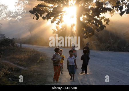 I bambini in silhouette del basso corso sun vicino a Kalaw Myanmar Asia Foto Stock