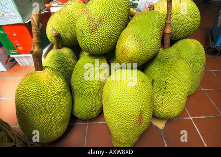 Grande frutta Durian odore da 100 m di distanza centro Tekka Little India di Singapore il Fishmarket mercato umido la vendita di frutta fresca vegetab Foto Stock