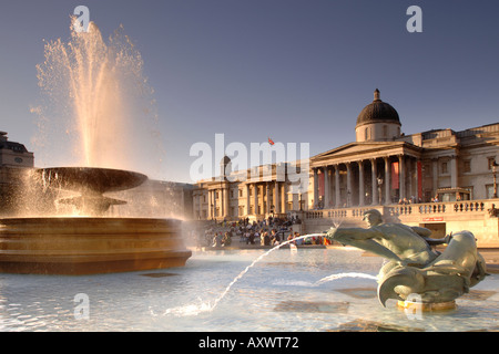 Fontane in Trafalgar Square di fronte alla Galleria Nazionale. Londra. In Inghilterra. Regno Unito Foto Stock