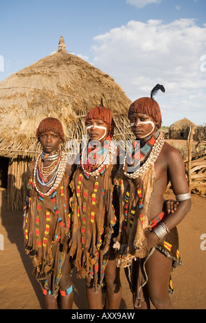 Ritratto di tre giovani donne della tribù Hamer, bassa valle dell'Omo, sud Etiopia, Etiopia Foto Stock