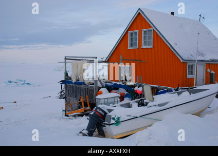 Un orso polare pelle essiccazione si blocca al di fuori di una casa in Upernavik, Groenlandia Foto Stock