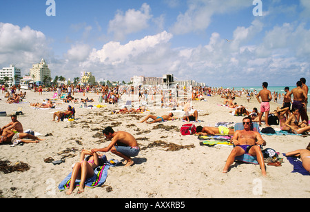 La gente a prendere il sole sulla spiaggia di Miami Beach che mostra Art Deco District edifici su Ocean Boulevard dietro. Florida, Stati Uniti d'America Foto Stock