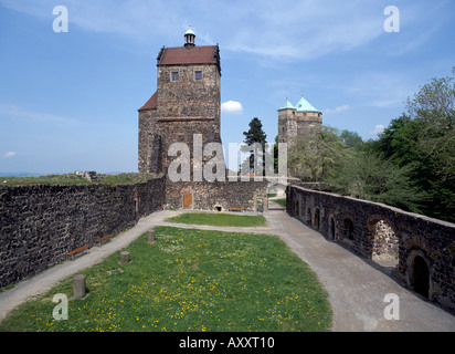 Stolpen, Burg, Blick vom Plateau auf Seigerturm und Coselturm Foto Stock