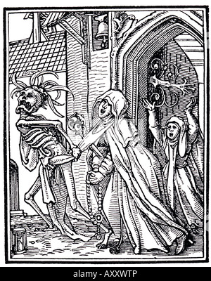 HANS HOLBEIN Danza della morte di una stampa da incisa la serie di 1526 mostra la morte prendendo il via una badessa Foto Stock