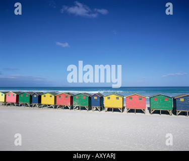 Pittoresca spiaggia di capanne in Muizenberg, Cape Town, Penisola del Capo, in Sud Africa e Africa Foto Stock