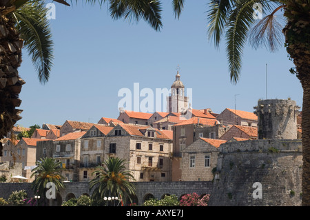 Città Vecchia medievale e le mura della città, Isola di Korcula, Dalmazia, Croazia, Europa Foto Stock