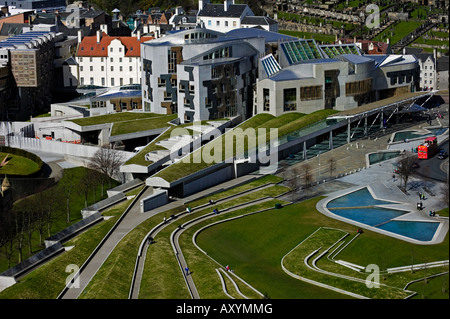 Birds Eye view di edificio del parlamento scozzese, Holyrood, Edimburgo in Scozia, Regno Unito, Europa Foto Stock