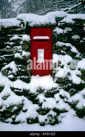 Postbox nella neve, Lake District, Inghilterra Foto Stock